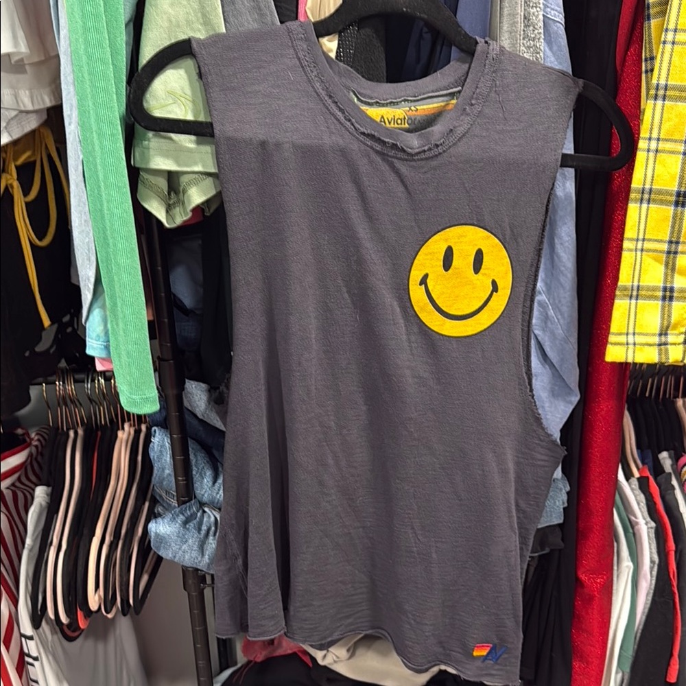 Aviator Nation Gray Muscle Tee with Yellow Smiley
